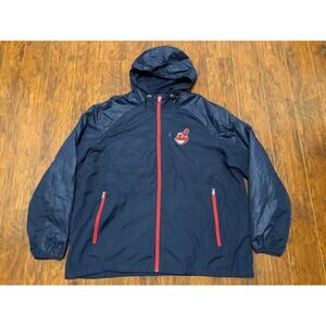 Vintage MLB Cleveland Indians Hooded Rain Jacket Windbreaker Navy Blue XXL